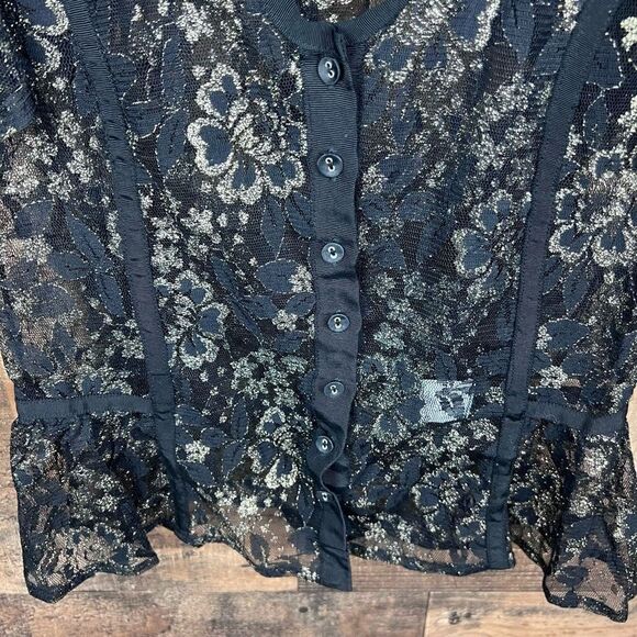 Charlotte Russe Lace Top Sheer Black Mesh Gold Thread Puff Sleeves Medium - Picture 10 of 15